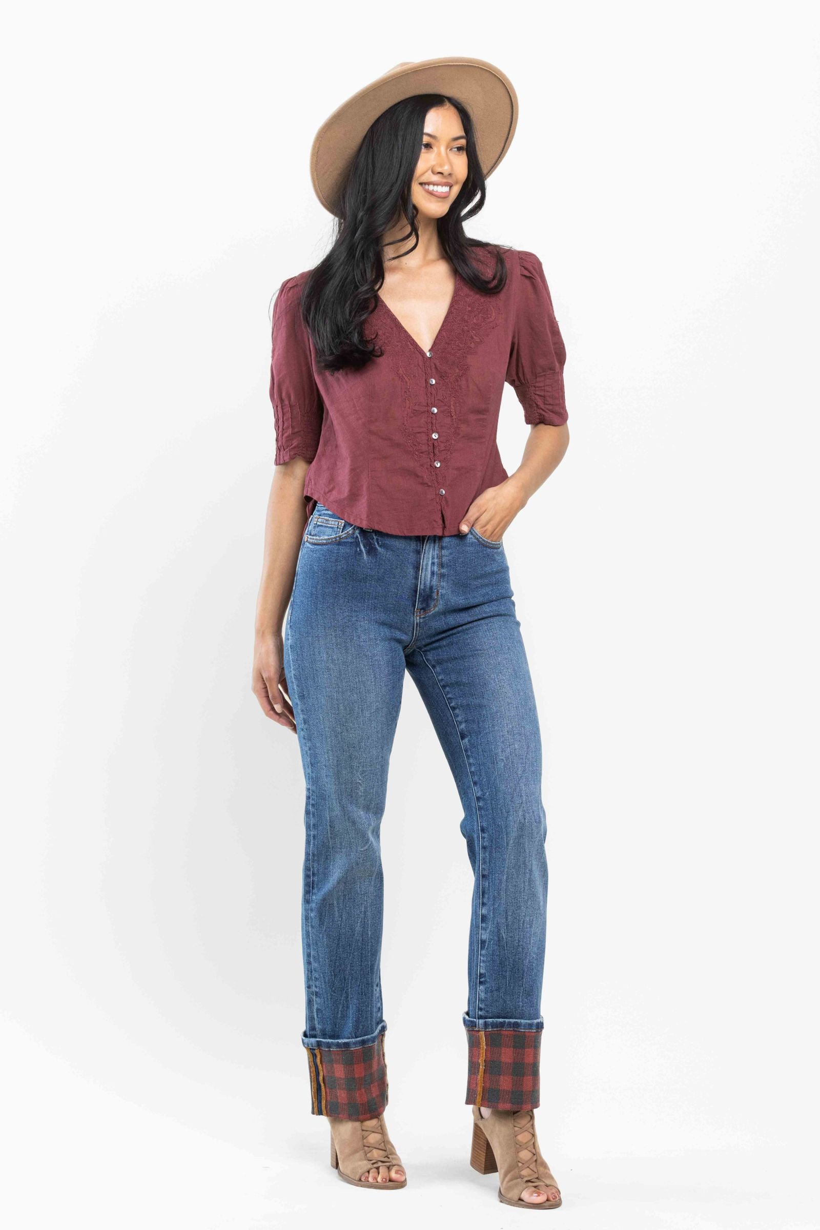 Judy Blue Long Inseam Plaid Cuff Straight Leg Jeans-200 Jeans- Simply Simpson's Boutique is a Women's Online Fashion Boutique Located in Jupiter, Florida