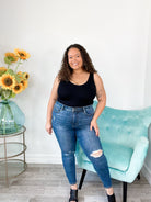 Judy Blue Need A Favor Mid Rise Tummy Control Distressed Skinny Jeans-200 Jeans- Simply Simpson's Boutique is a Women's Online Fashion Boutique Located in Jupiter, Florida