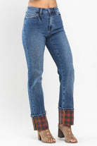 Judy Blue Long Inseam Plaid Cuff Straight Leg Jeans-200 Jeans- Simply Simpson's Boutique is a Women's Online Fashion Boutique Located in Jupiter, Florida