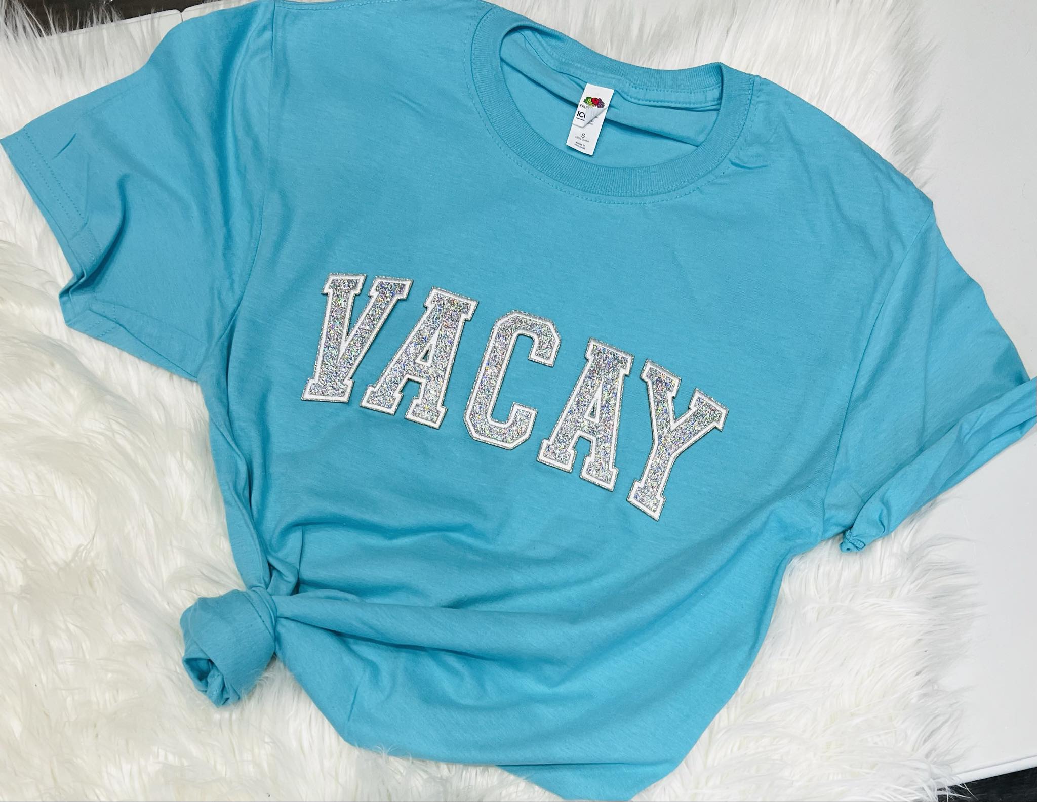 VACAY GLITTER EMBROIDERED PATCH TSHIRT-Graphic Tee- Simply Simpson's Boutique is a Women's Online Fashion Boutique Located in Jupiter, Florida