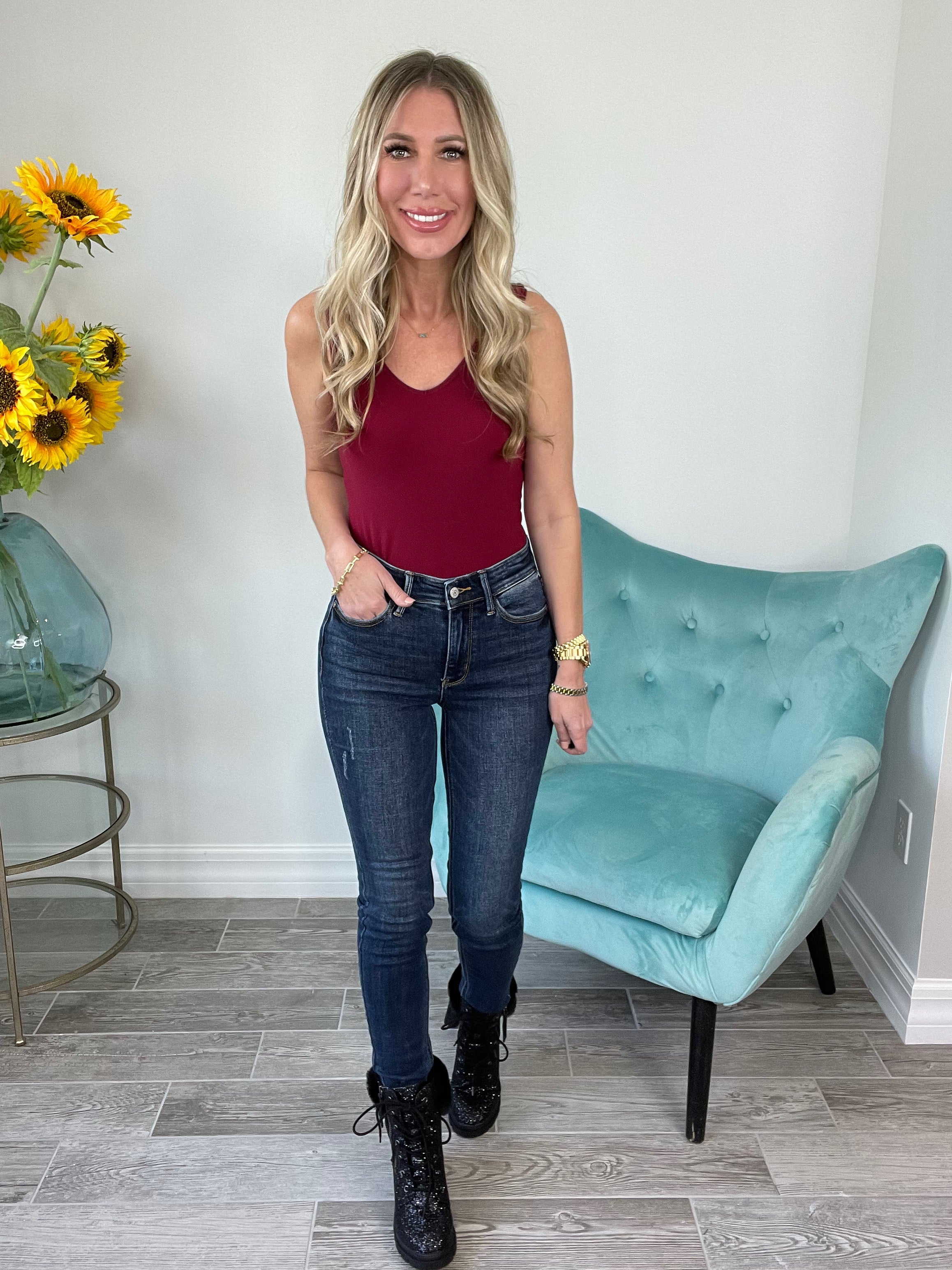 Judy Blue Mid Rise Raw Hem Skinny Jeans-200 Jeans- Simply Simpson's Boutique is a Women's Online Fashion Boutique Located in Jupiter, Florida