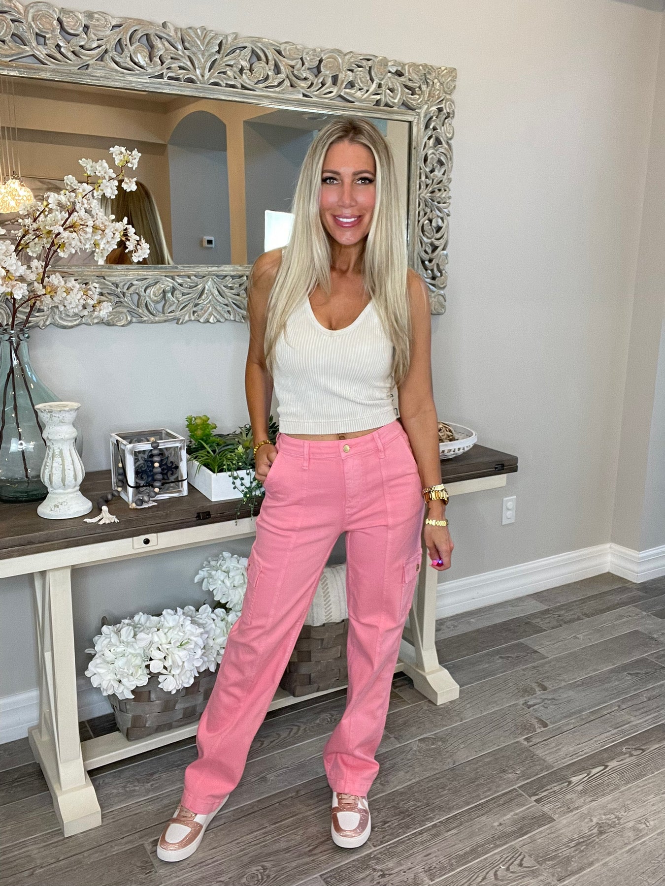 Judy Blue Pretty in Pink Cargo Jeans-200 Jeans- Simply Simpson's Boutique is a Women's Online Fashion Boutique Located in Jupiter, Florida