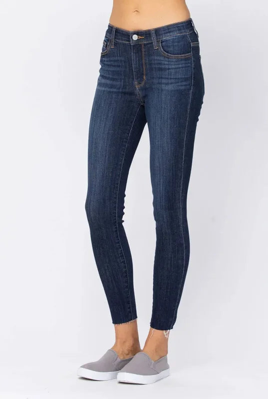 Judy Blue Mid Rise Raw Hem Skinny Jeans-200 Jeans- Simply Simpson's Boutique is a Women's Online Fashion Boutique Located in Jupiter, Florida