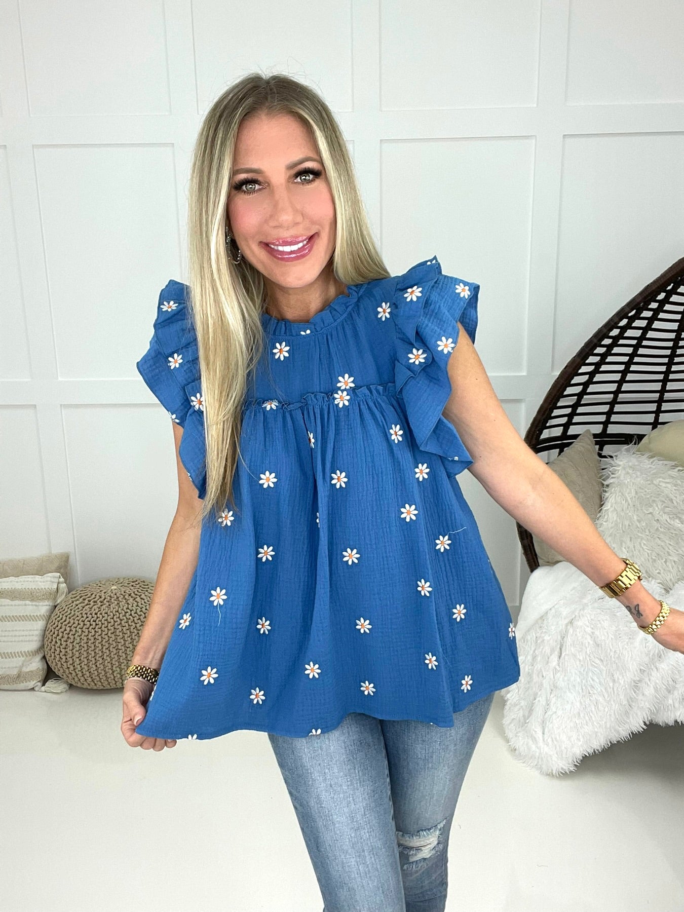 Blue Belle Ruffle Sleeve Top-100 Short Sleeves- Simply Simpson's Boutique is a Women's Online Fashion Boutique Located in Jupiter, Florida