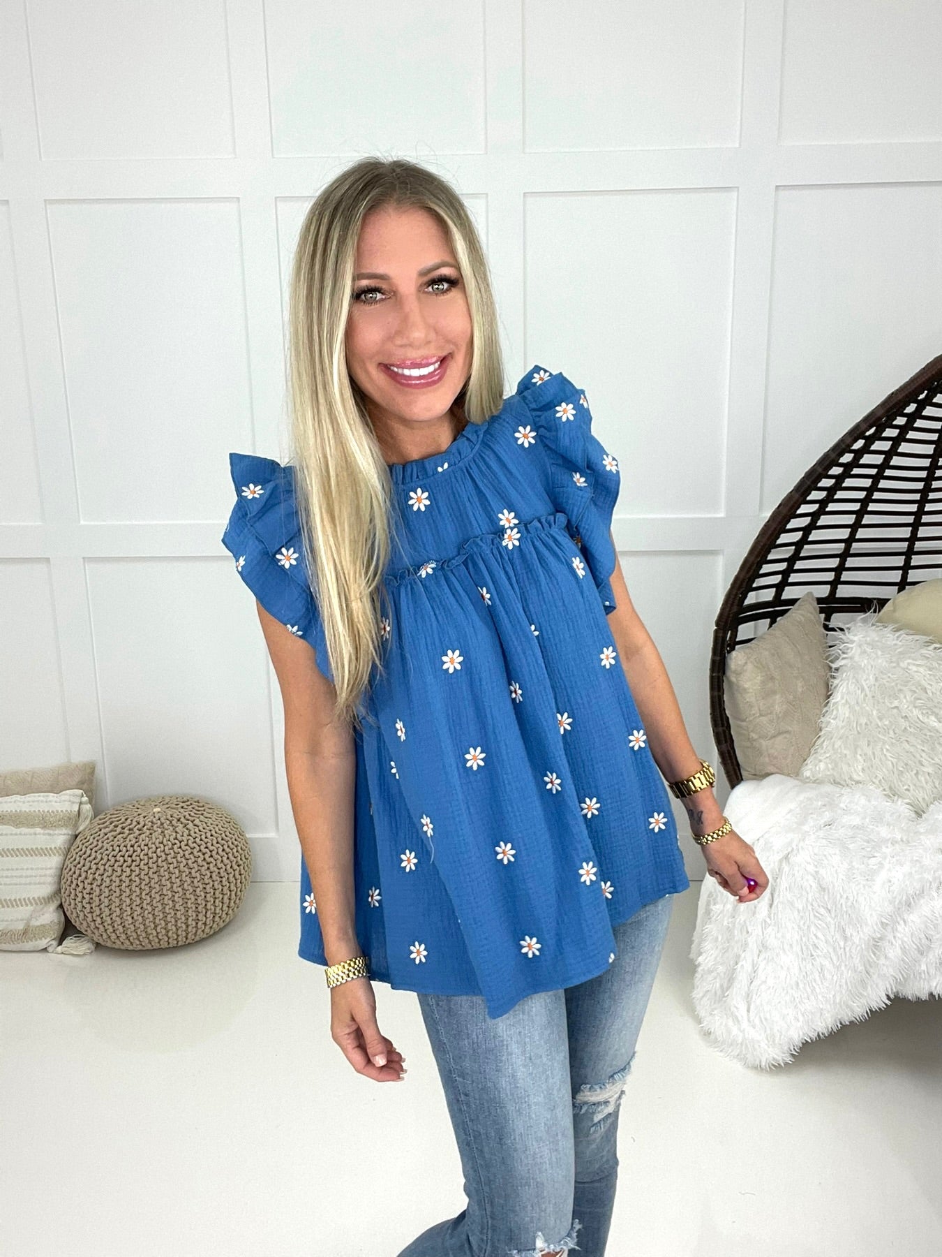 Blue Belle Ruffle Sleeve Top-100 Short Sleeves- Simply Simpson's Boutique is a Women's Online Fashion Boutique Located in Jupiter, Florida