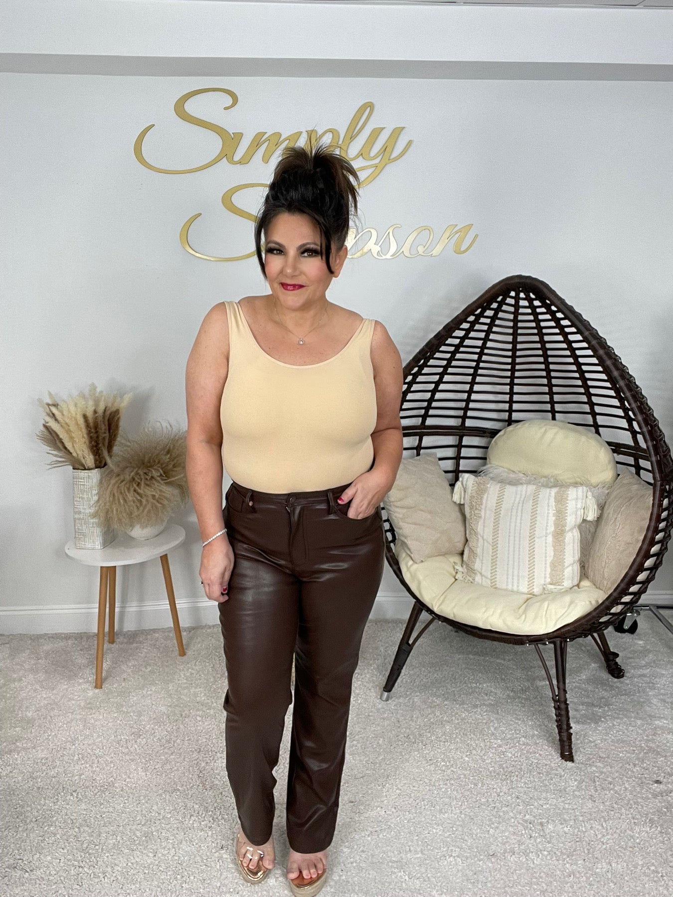 Judy Blue Tummy Control Brown Faux Leather Pants-200 Jeans- Simply Simpson's Boutique is a Women's Online Fashion Boutique Located in Jupiter, Florida