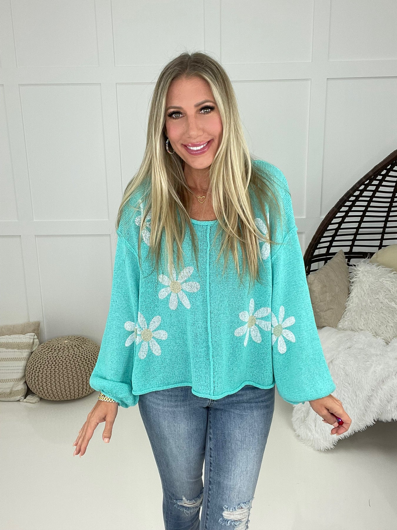 Pol Color Me Daisies Lightweight Knit Top-150 Sweaters- Simply Simpson's Boutique is a Women's Online Fashion Boutique Located in Jupiter, Florida