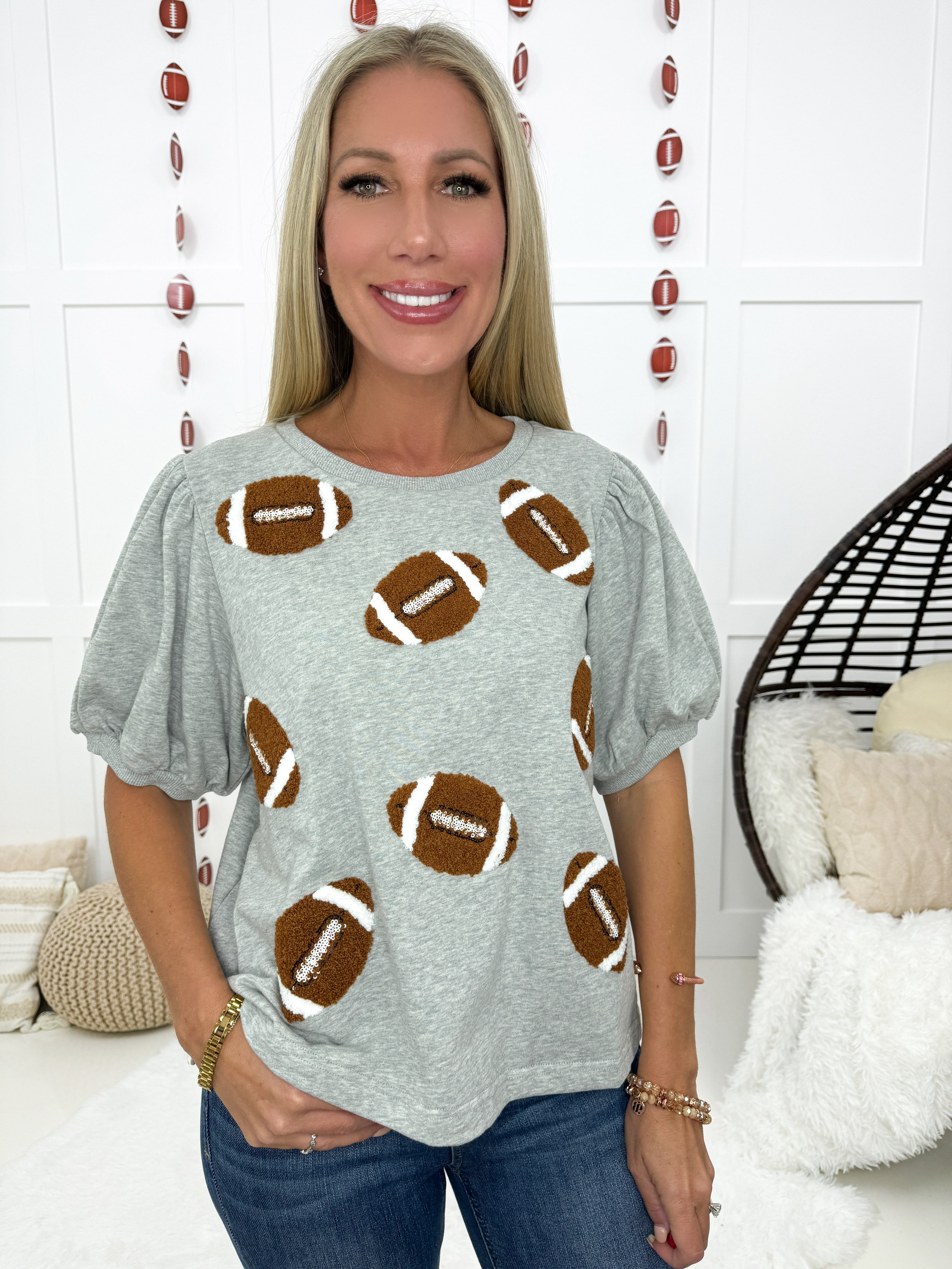 Grey Football Gameday Short Sleeve Top-100 Short Sleeves- Simply Simpson's Boutique is a Women's Online Fashion Boutique Located in Jupiter, Florida