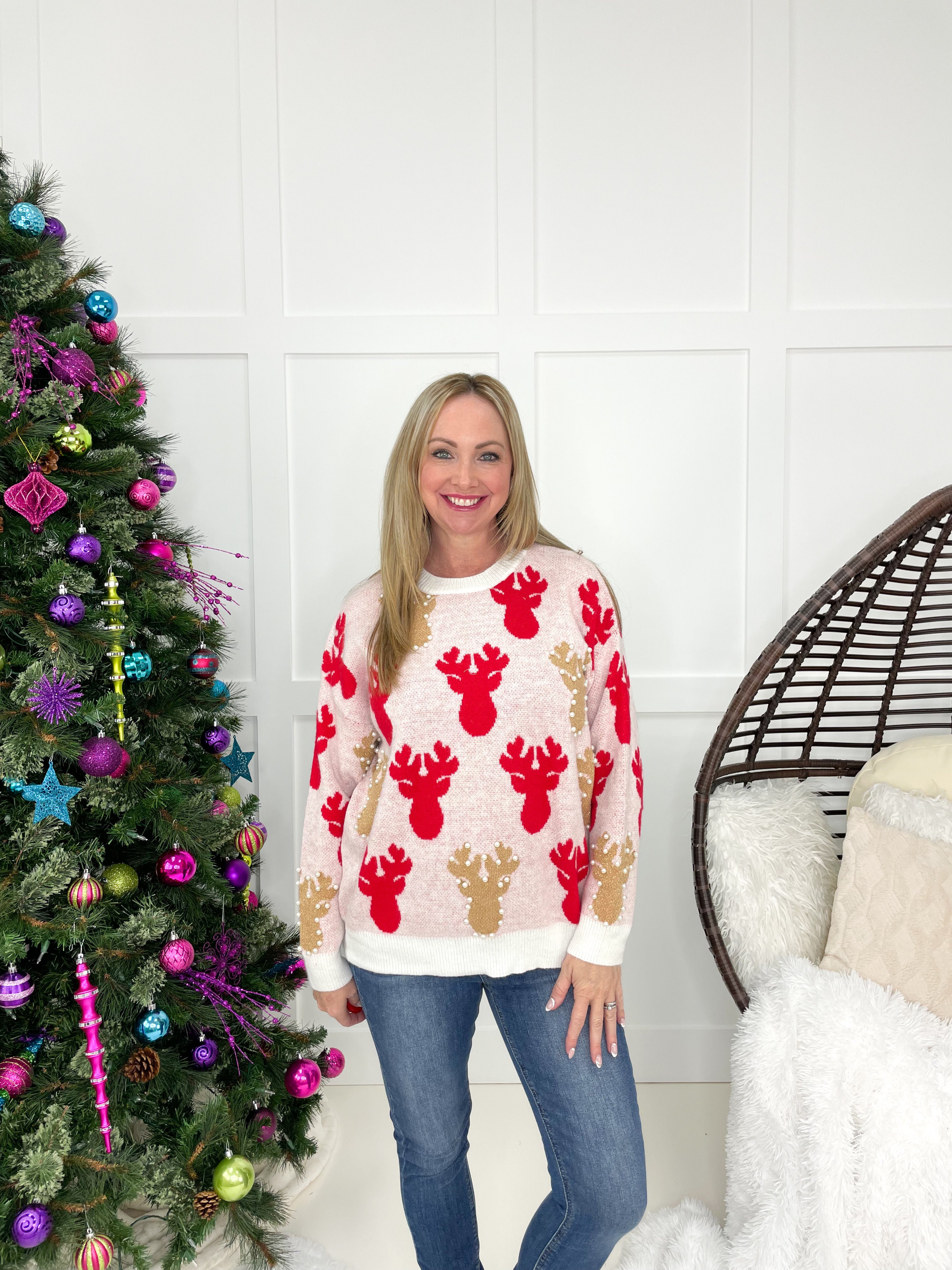 Pearl Reindeer Sweater-150 Sweaters- Simply Simpson's Boutique is a Women's Online Fashion Boutique Located in Jupiter, Florida