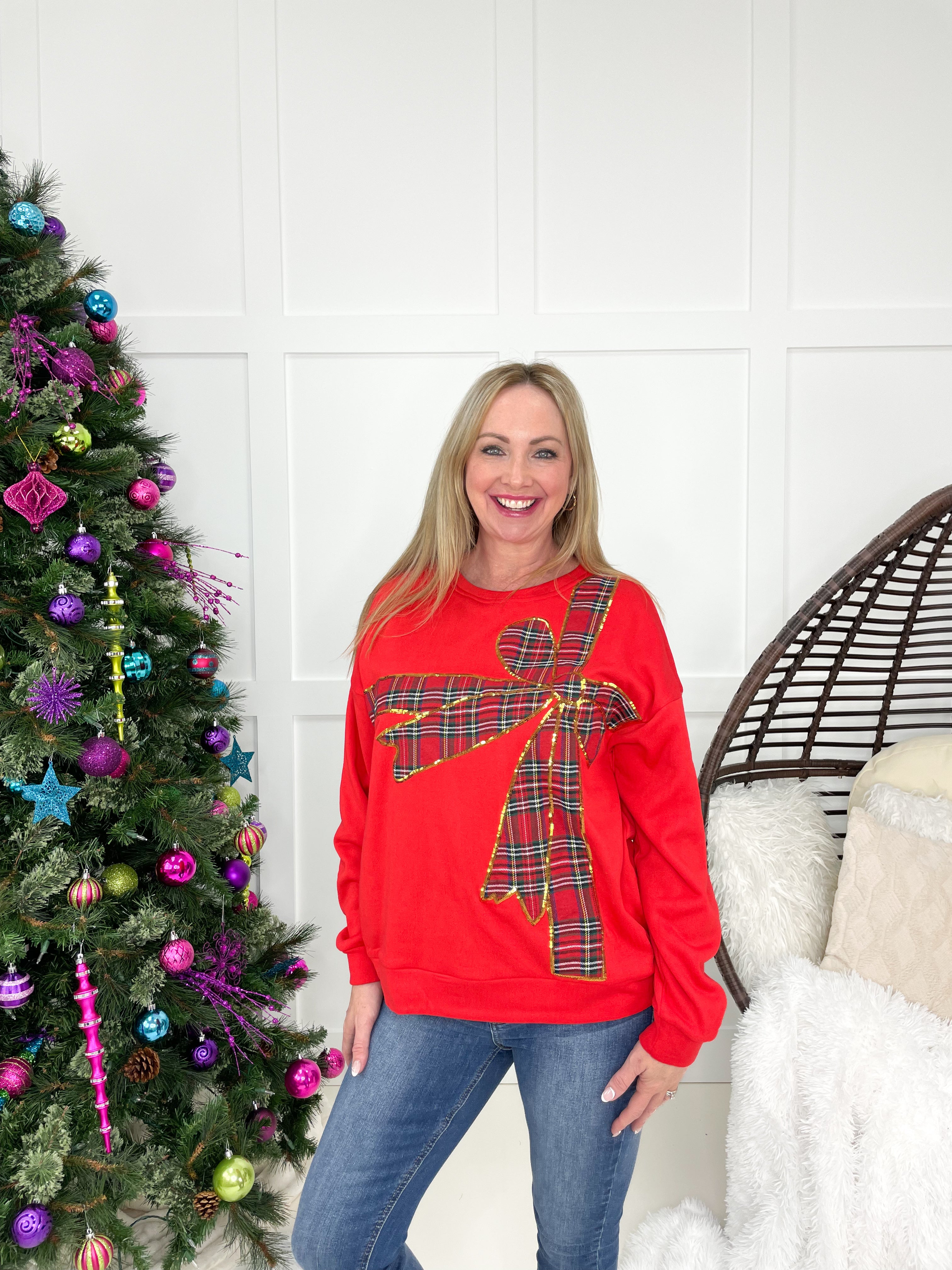 Plaid Bow Sweatshirt-160 Sweatshirts- Simply Simpson's Boutique is a Women's Online Fashion Boutique Located in Jupiter, Florida