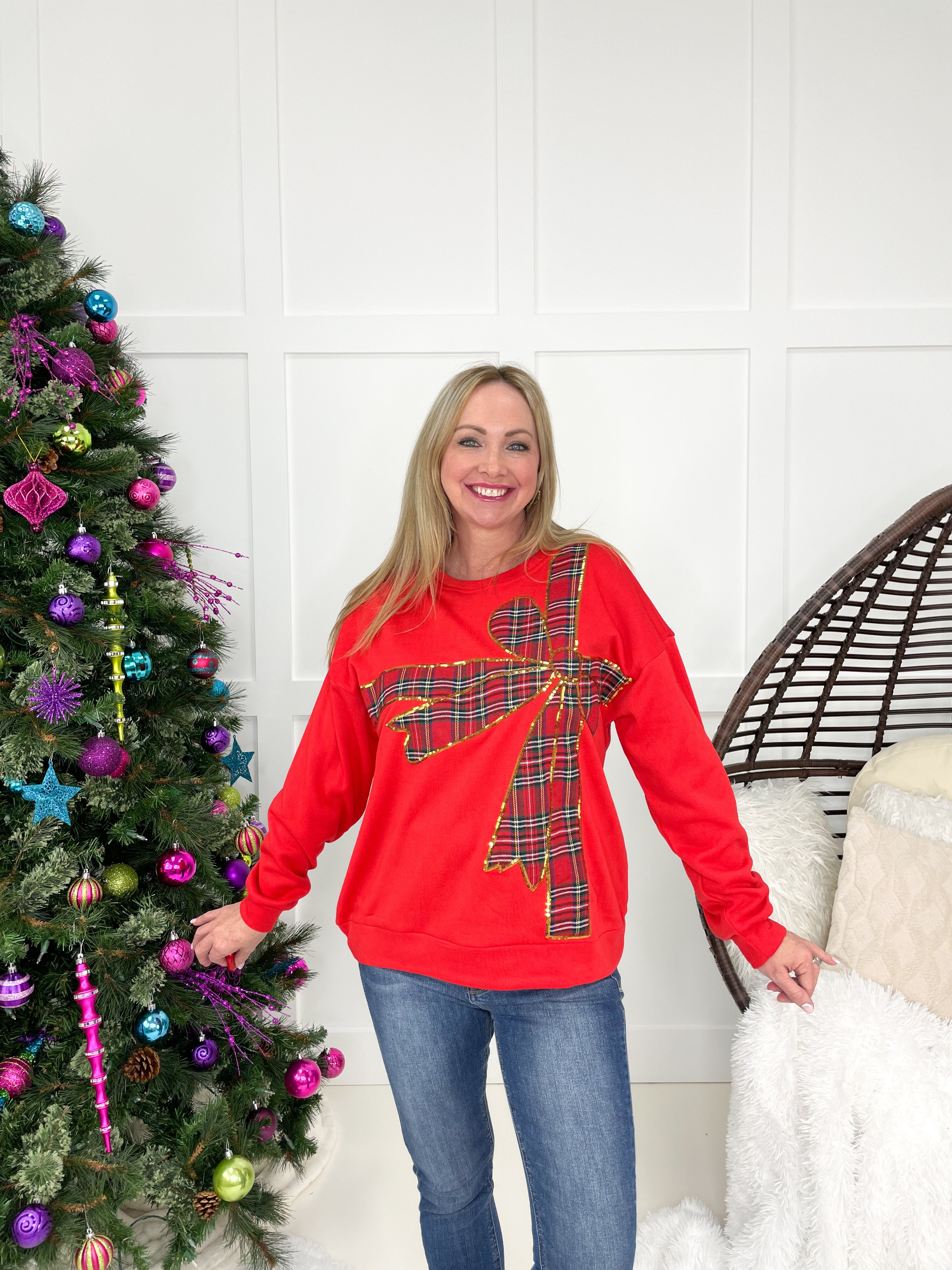 Plaid Bow Sweatshirt-160 Sweatshirts- Simply Simpson's Boutique is a Women's Online Fashion Boutique Located in Jupiter, Florida