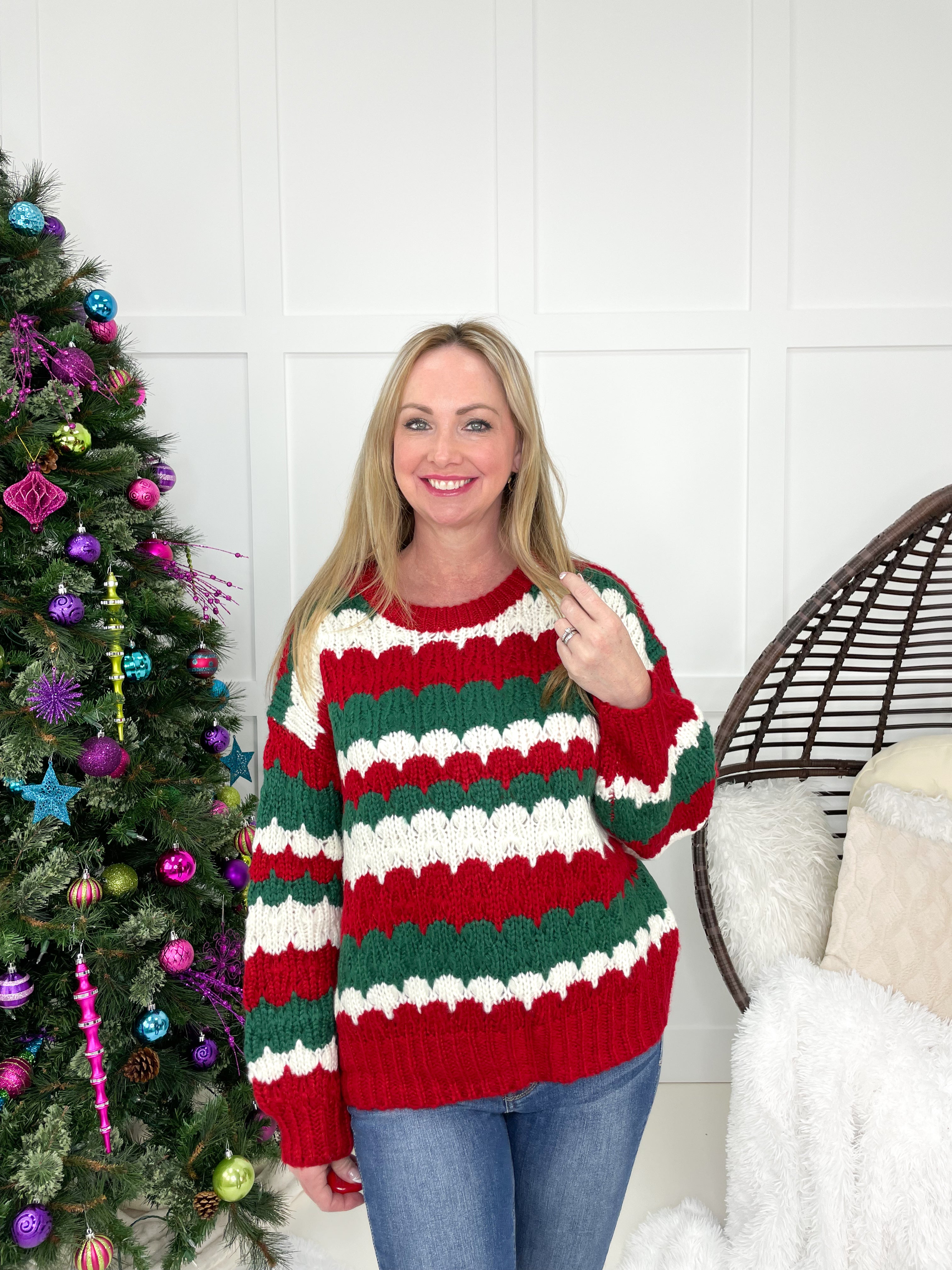 Christmas Cheer Striped Sweater-150 Sweaters- Simply Simpson's Boutique is a Women's Online Fashion Boutique Located in Jupiter, Florida