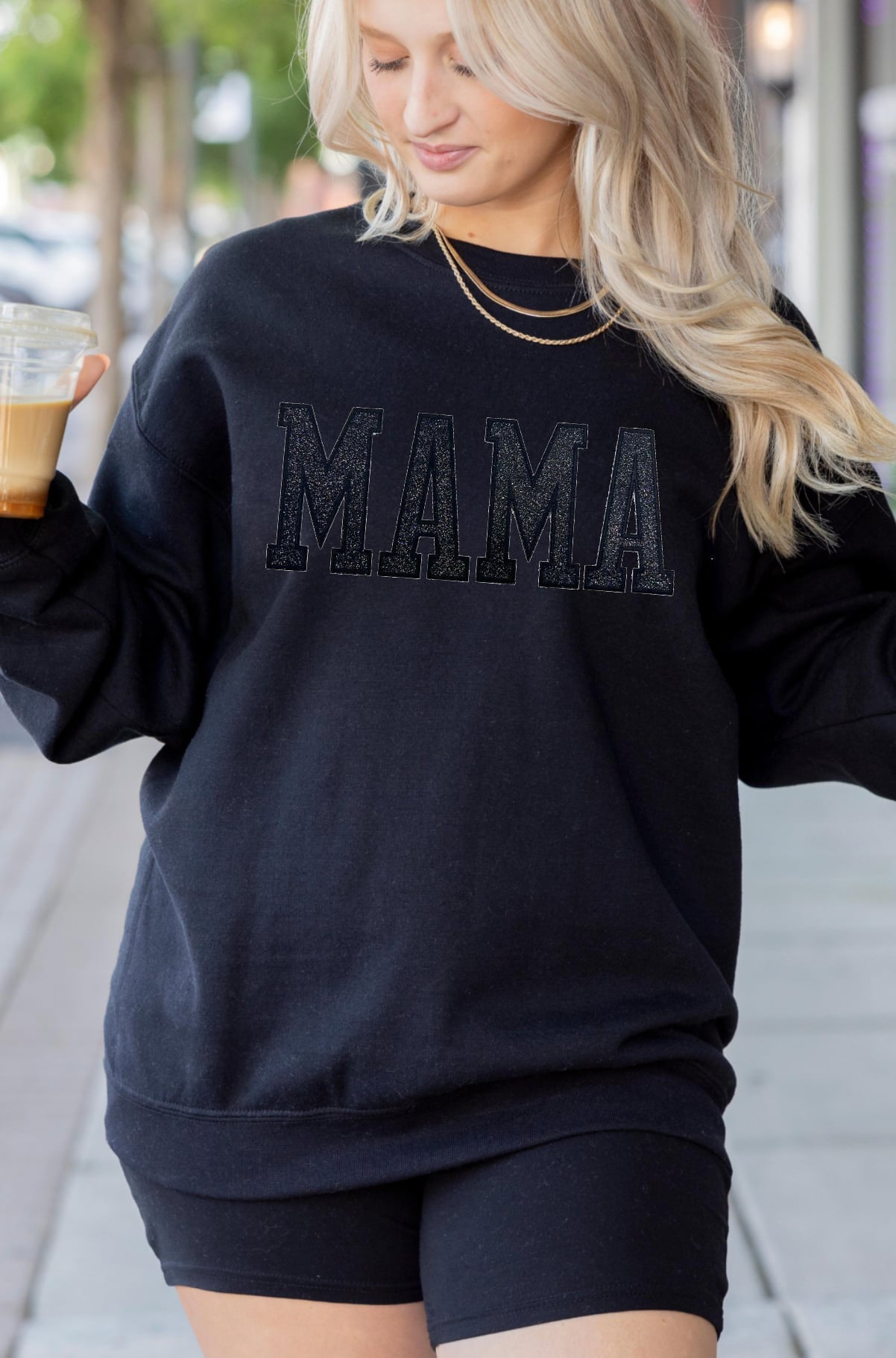 MAMA (BLACK GLITTER PATCH) BLACK Sweatshirt-Graphic Tee- Simply Simpson's Boutique is a Women's Online Fashion Boutique Located in Jupiter, Florida