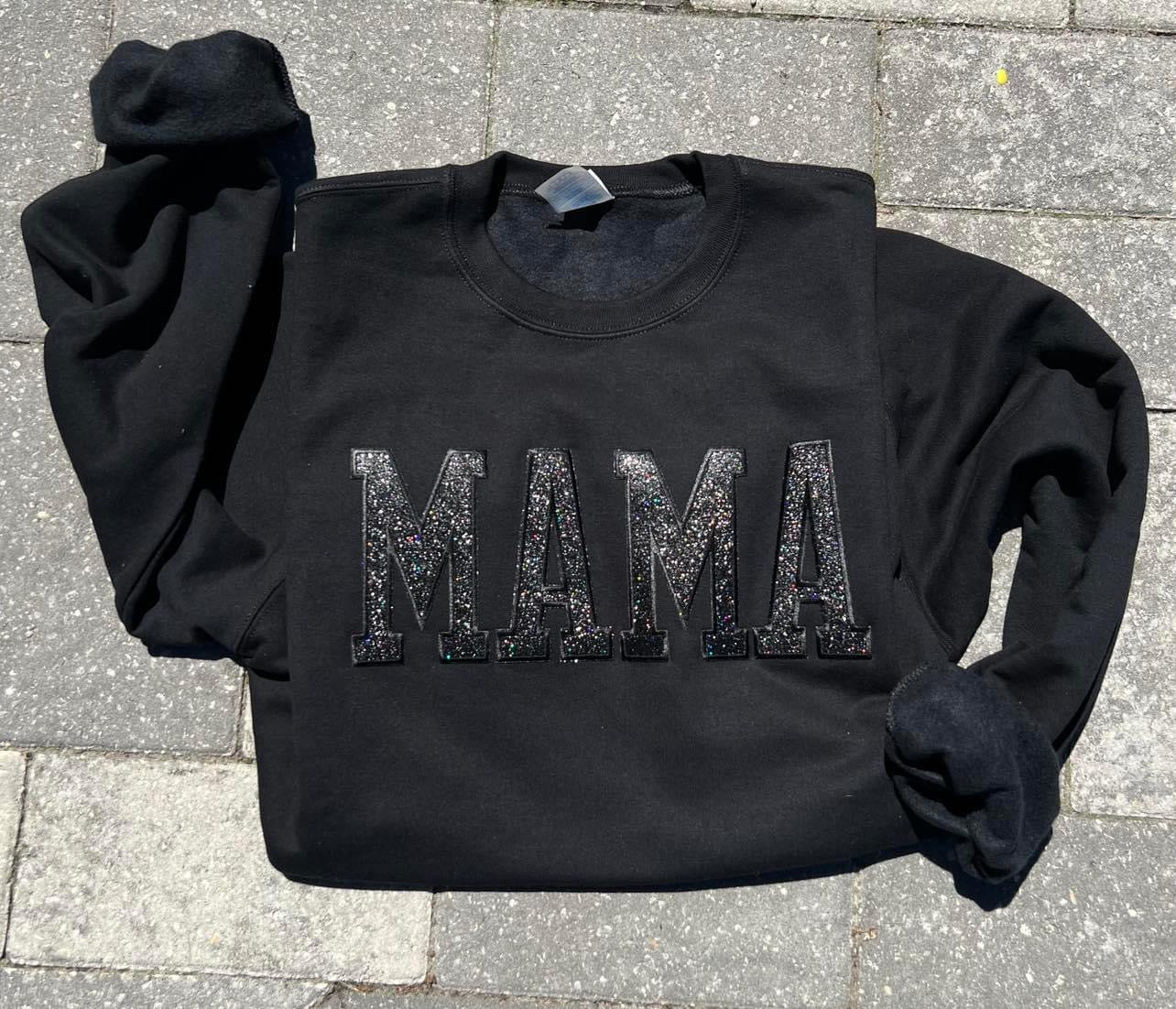 MAMA (BLACK GLITTER PATCH) BLACK Sweatshirt-Graphic Tee- Simply Simpson's Boutique is a Women's Online Fashion Boutique Located in Jupiter, Florida