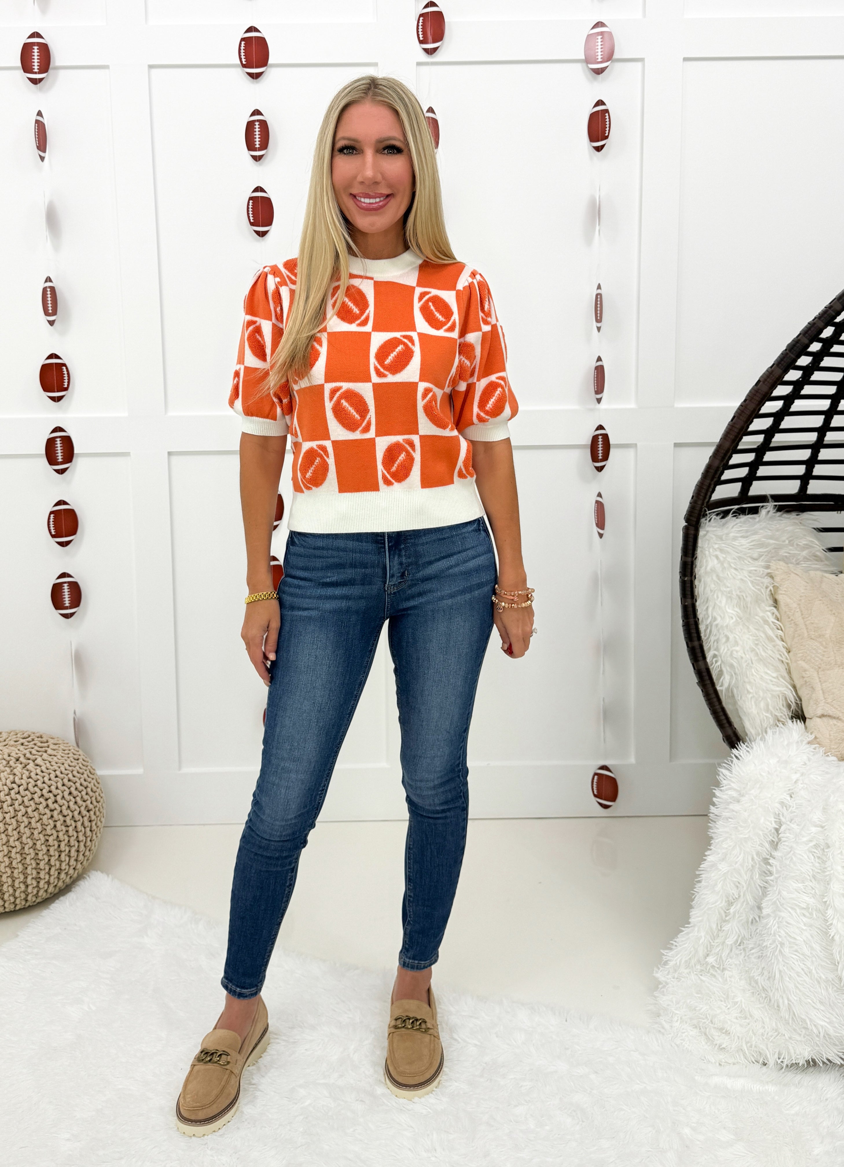 Orange/White Checkered Football Gameday Tee-100 Short Sleeves- Simply Simpson's Boutique is a Women's Online Fashion Boutique Located in Jupiter, Florida