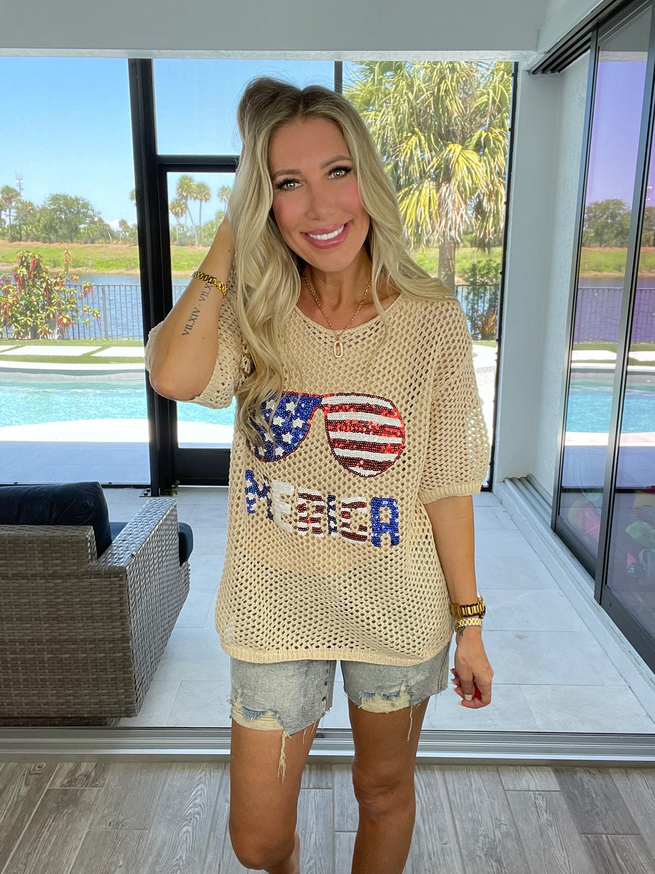 Sequin Merica Sunglasses Knit Top-100 Short Sleeves- Simply Simpson's Boutique is a Women's Online Fashion Boutique Located in Jupiter, Florida