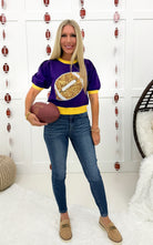 Purple/Yellow Sequin Football Gameday Tee-100 Short Sleeves- Simply Simpson's Boutique is a Women's Online Fashion Boutique Located in Jupiter, Florida