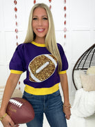 Purple/Yellow Sequin Football Gameday Tee-100 Short Sleeves- Simply Simpson's Boutique is a Women's Online Fashion Boutique Located in Jupiter, Florida