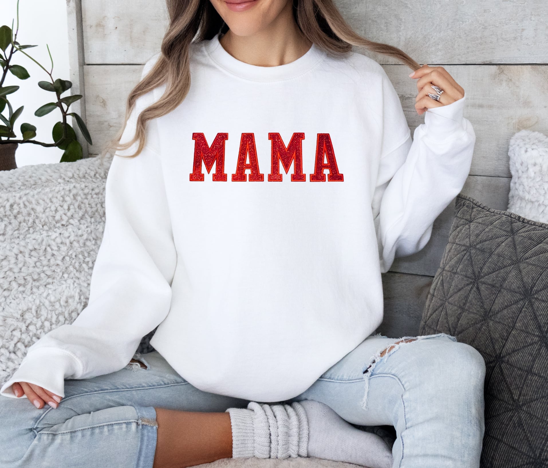 MAMA (RED GLITTER PATCH) WHITE Sweatshirt-Graphic Tee- Simply Simpson's Boutique is a Women's Online Fashion Boutique Located in Jupiter, Florida