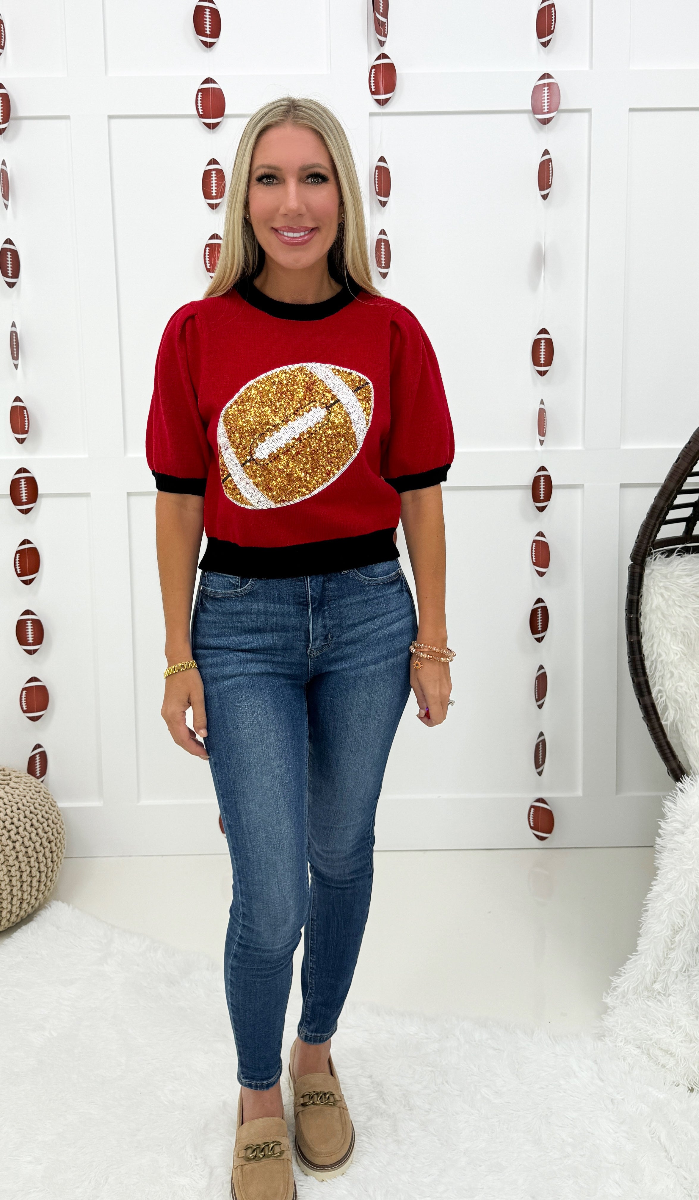 Red/Black Sequin Football Gameday Tee-100 Short Sleeves- Simply Simpson's Boutique is a Women's Online Fashion Boutique Located in Jupiter, Florida