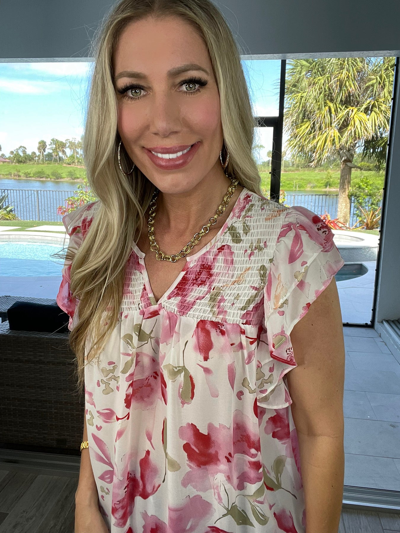 Floral Print Flutter Sleeve Top-100 Short Sleeves- Simply Simpson's Boutique is a Women's Online Fashion Boutique Located in Jupiter, Florida