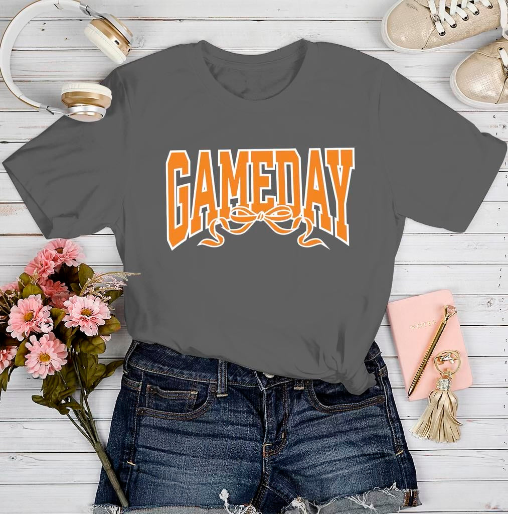 Grey/Orange Gameday Bow Graphic Tee-140 Graphic Tees- Simply Simpson's Boutique is a Women's Online Fashion Boutique Located in Jupiter, Florida