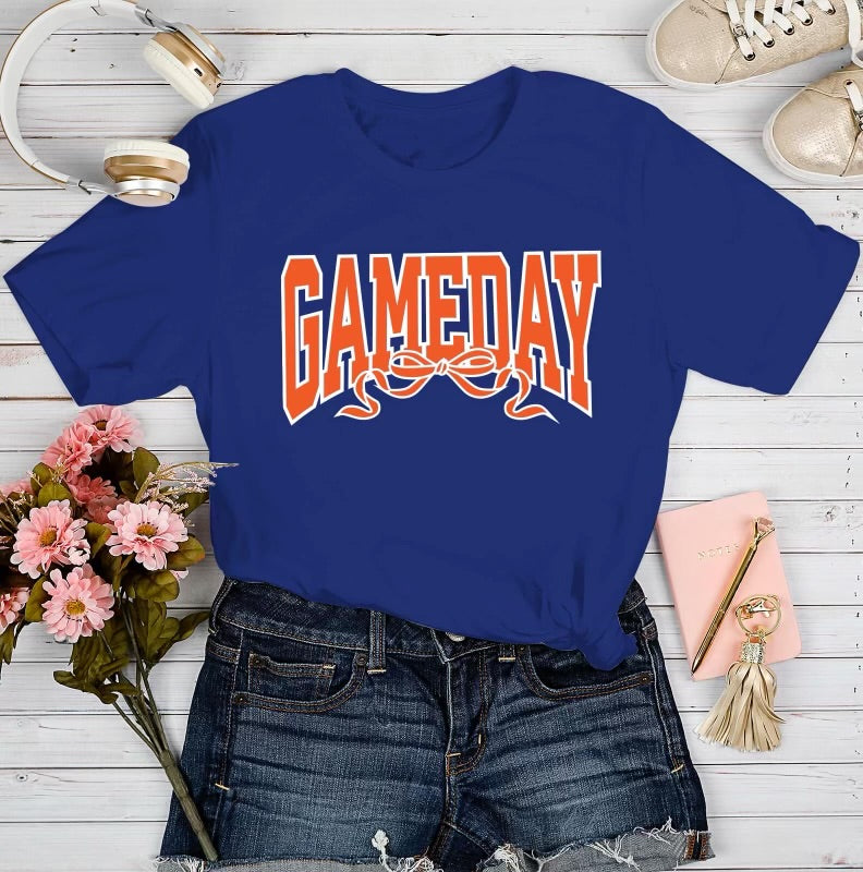 Blue/Orange Gameday Bow Graphic Tee-140 Graphic Tees- Simply Simpson's Boutique is a Women's Online Fashion Boutique Located in Jupiter, Florida