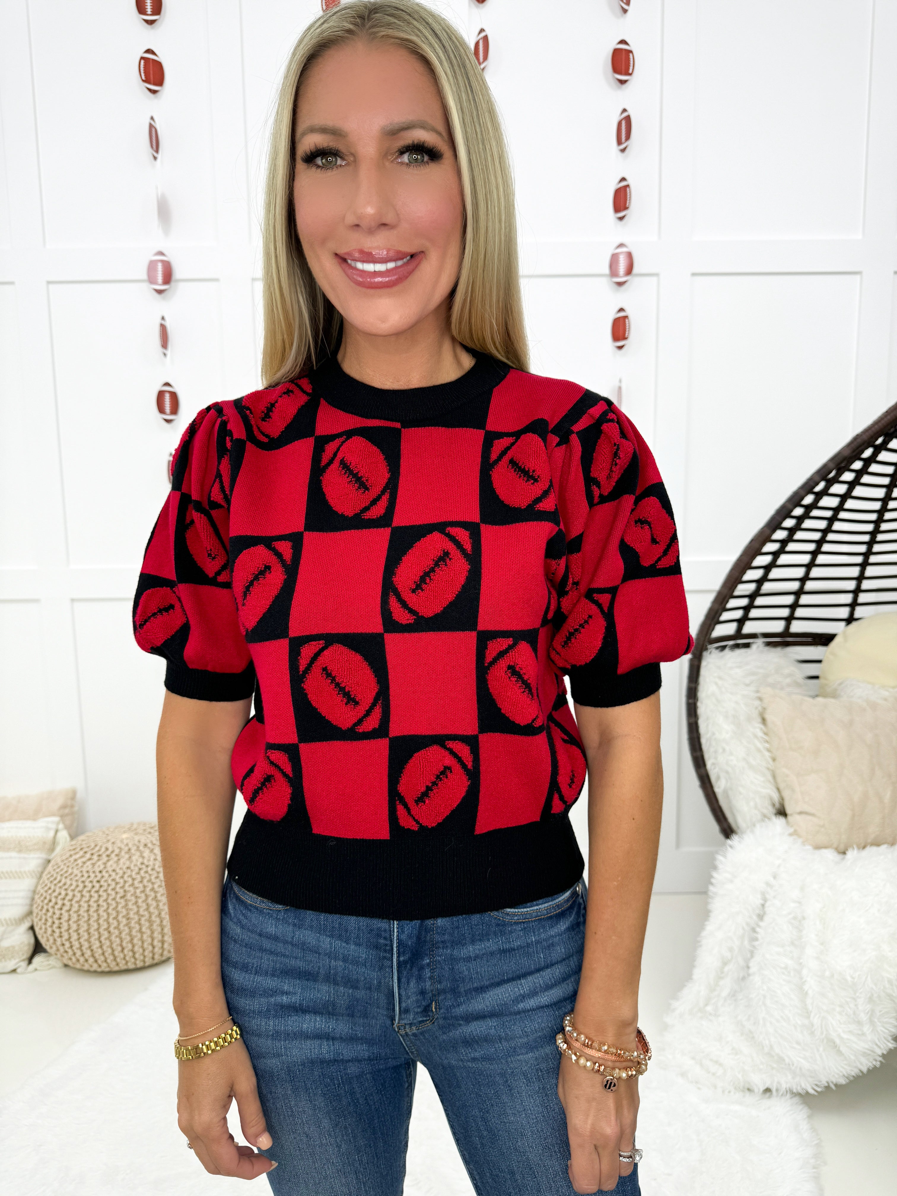 Red/Black Checkered Football Gameday Tee-100 Short Sleeves- Simply Simpson's Boutique is a Women's Online Fashion Boutique Located in Jupiter, Florida