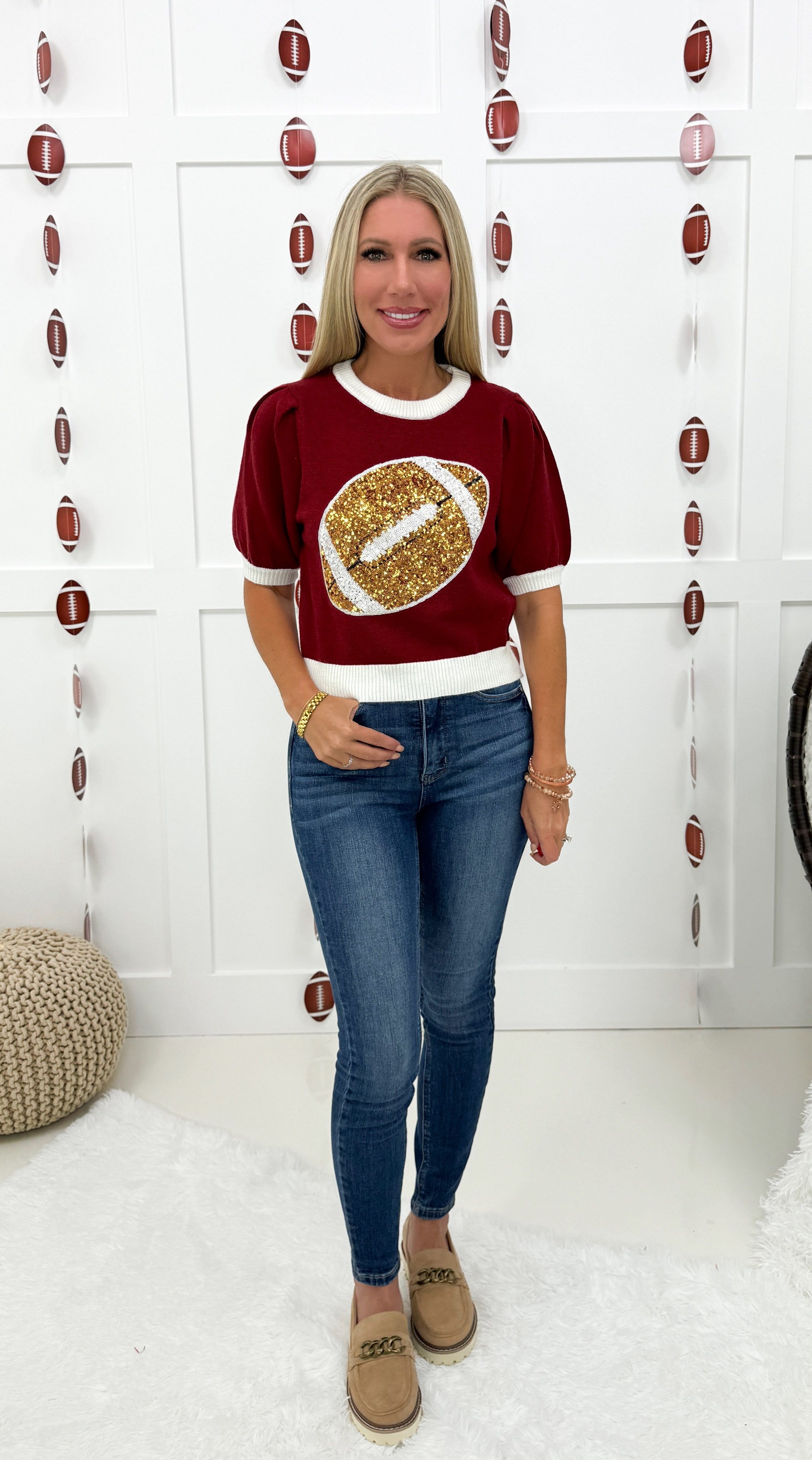 Maroon/White Sequin Football Gameday Tee-100 Short Sleeves- Simply Simpson's Boutique is a Women's Online Fashion Boutique Located in Jupiter, Florida