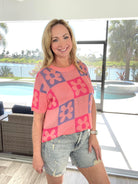 Flower Checkered Short Sleeve Sweater-100 Short Sleeves- Simply Simpson's Boutique is a Women's Online Fashion Boutique Located in Jupiter, Florida