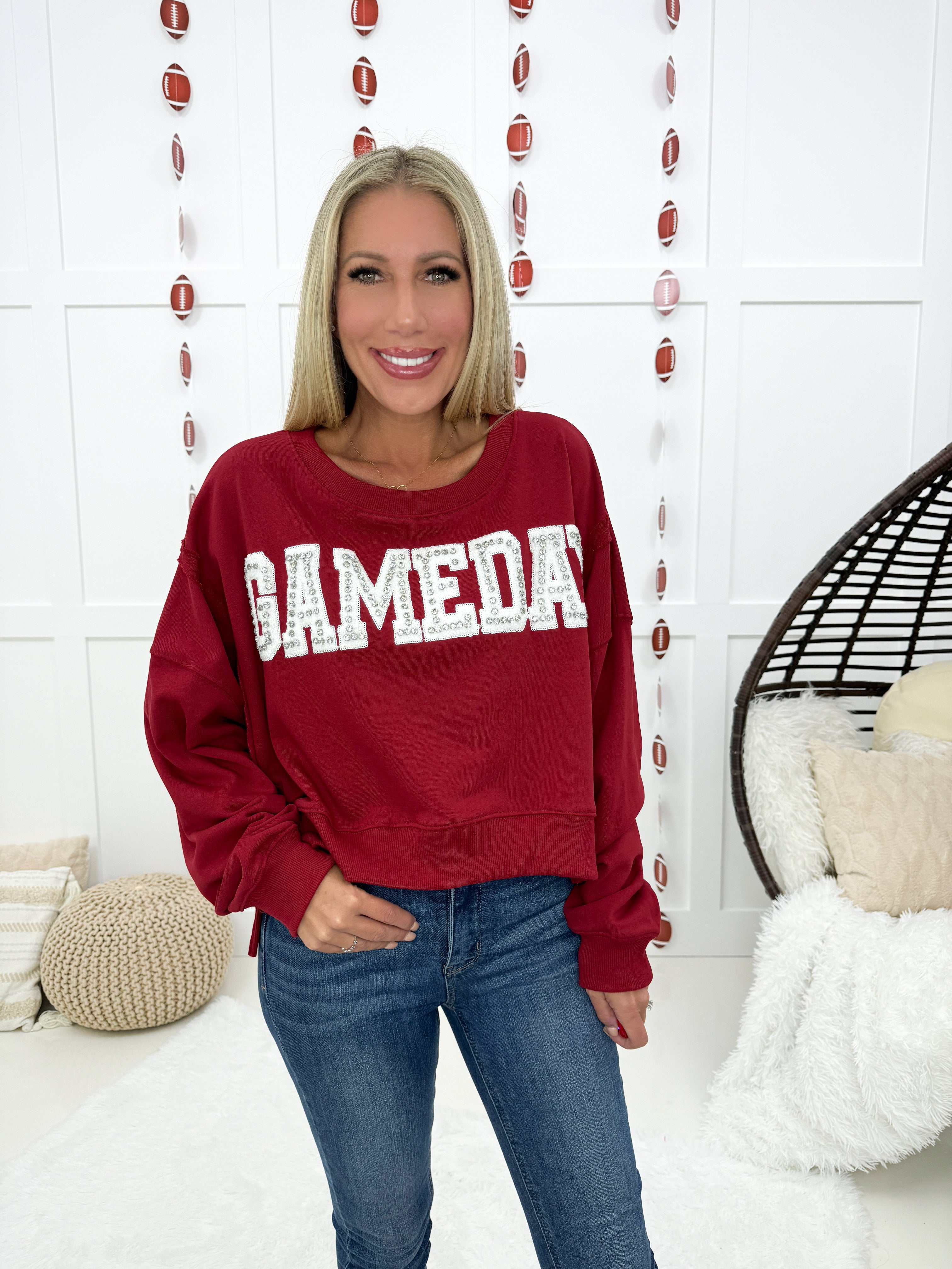 Crimson Gameday Rhinestone Sweatshirt-160 Sweatshirts- Simply Simpson's Boutique is a Women's Online Fashion Boutique Located in Jupiter, Florida