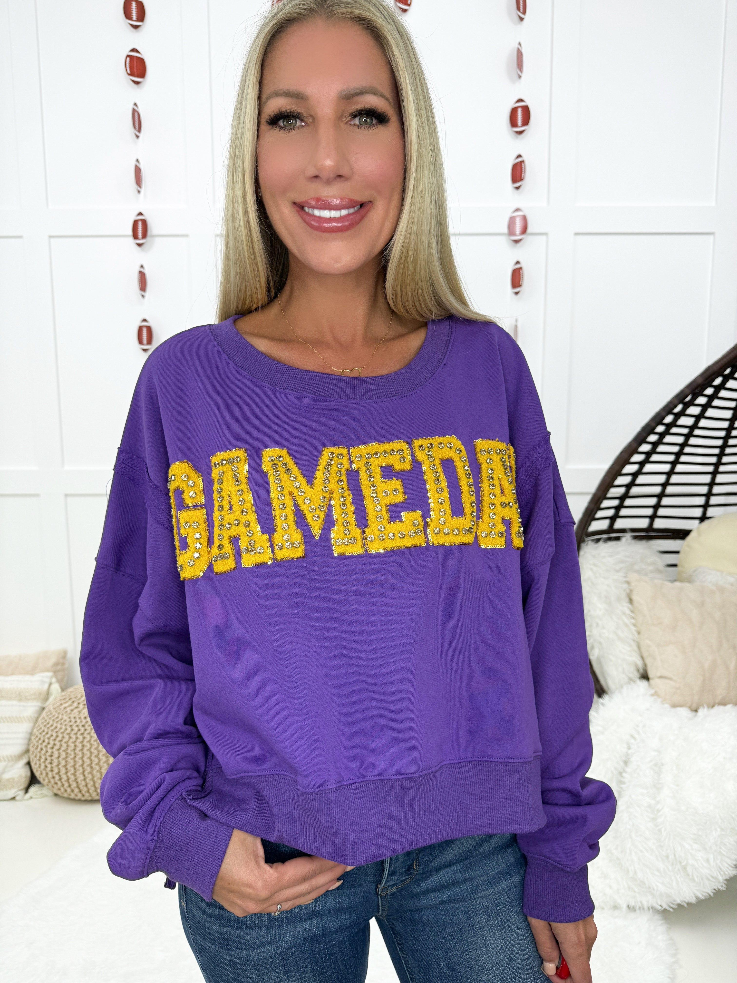 Purple Rhinestone Gameday Sweatshirt-160 Sweatshirts- Simply Simpson's Boutique is a Women's Online Fashion Boutique Located in Jupiter, Florida