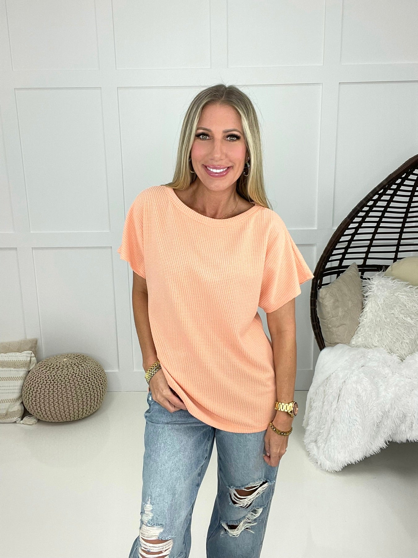 Dreamy Delight Waffle Knit Top-100 Short Sleeves- Simply Simpson's Boutique is a Women's Online Fashion Boutique Located in Jupiter, Florida