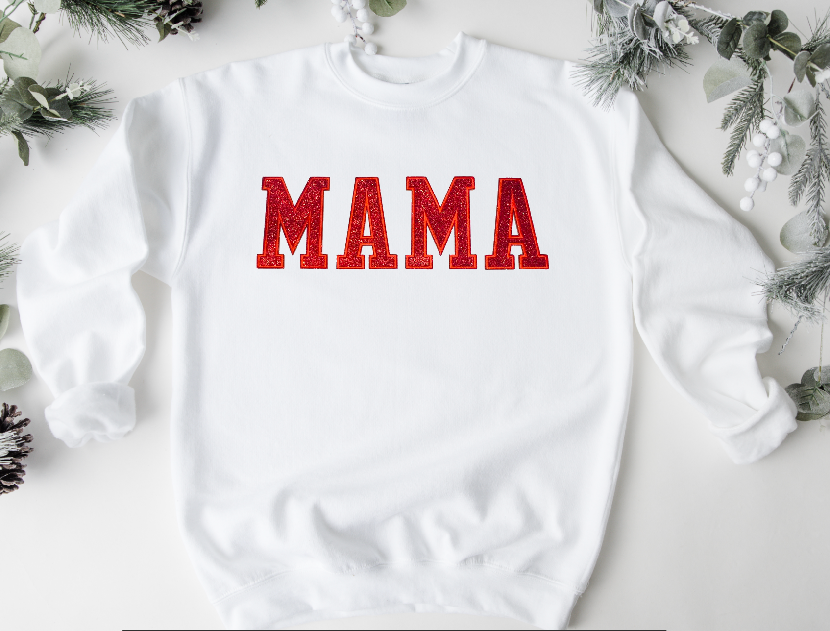 MAMA (RED GLITTER PATCH) WHITE Sweatshirt-Graphic Tee- Simply Simpson's Boutique is a Women's Online Fashion Boutique Located in Jupiter, Florida