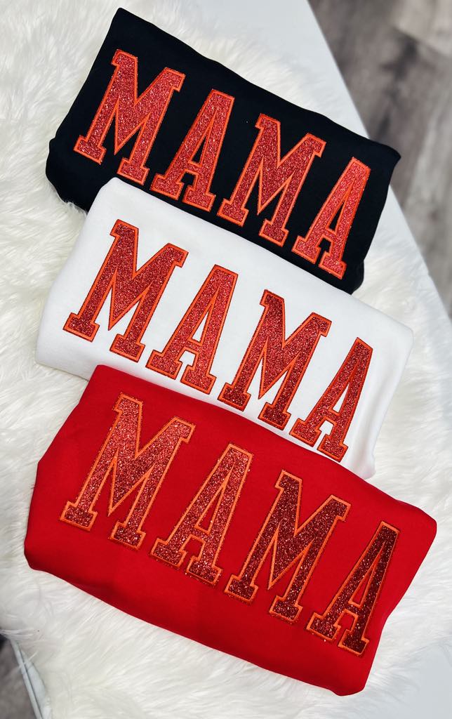 MAMA (RED GLITTER PATCH) Black Sweatshirt-Graphic Tee- Simply Simpson's Boutique is a Women's Online Fashion Boutique Located in Jupiter, Florida