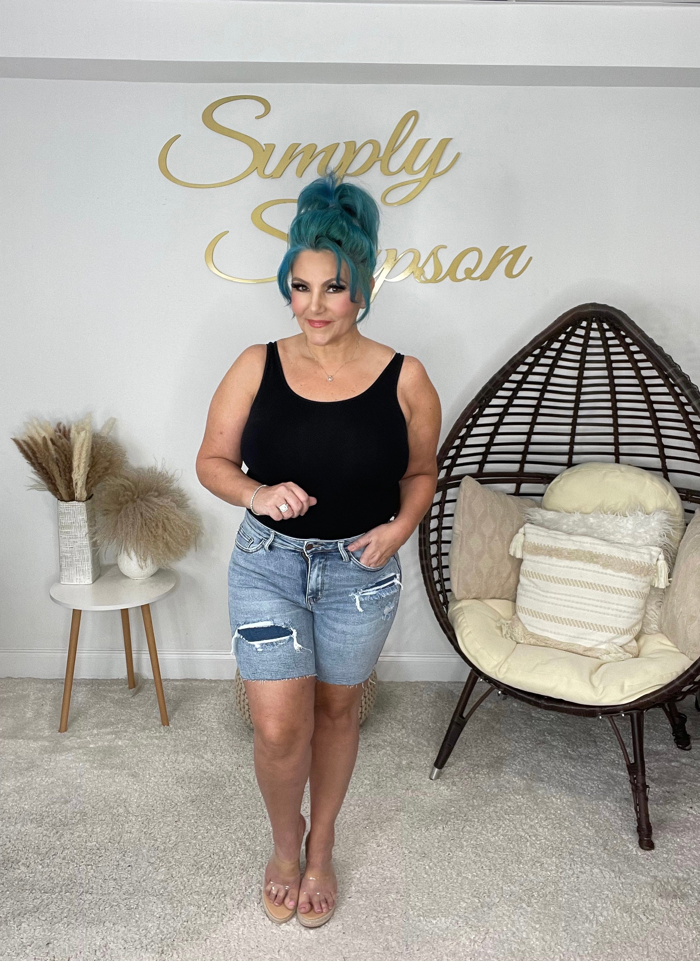 Judy Blue Mid Length Denim Patch Shorts-190 Skirts/Shorts- Simply Simpson's Boutique is a Women's Online Fashion Boutique Located in Jupiter, Florida