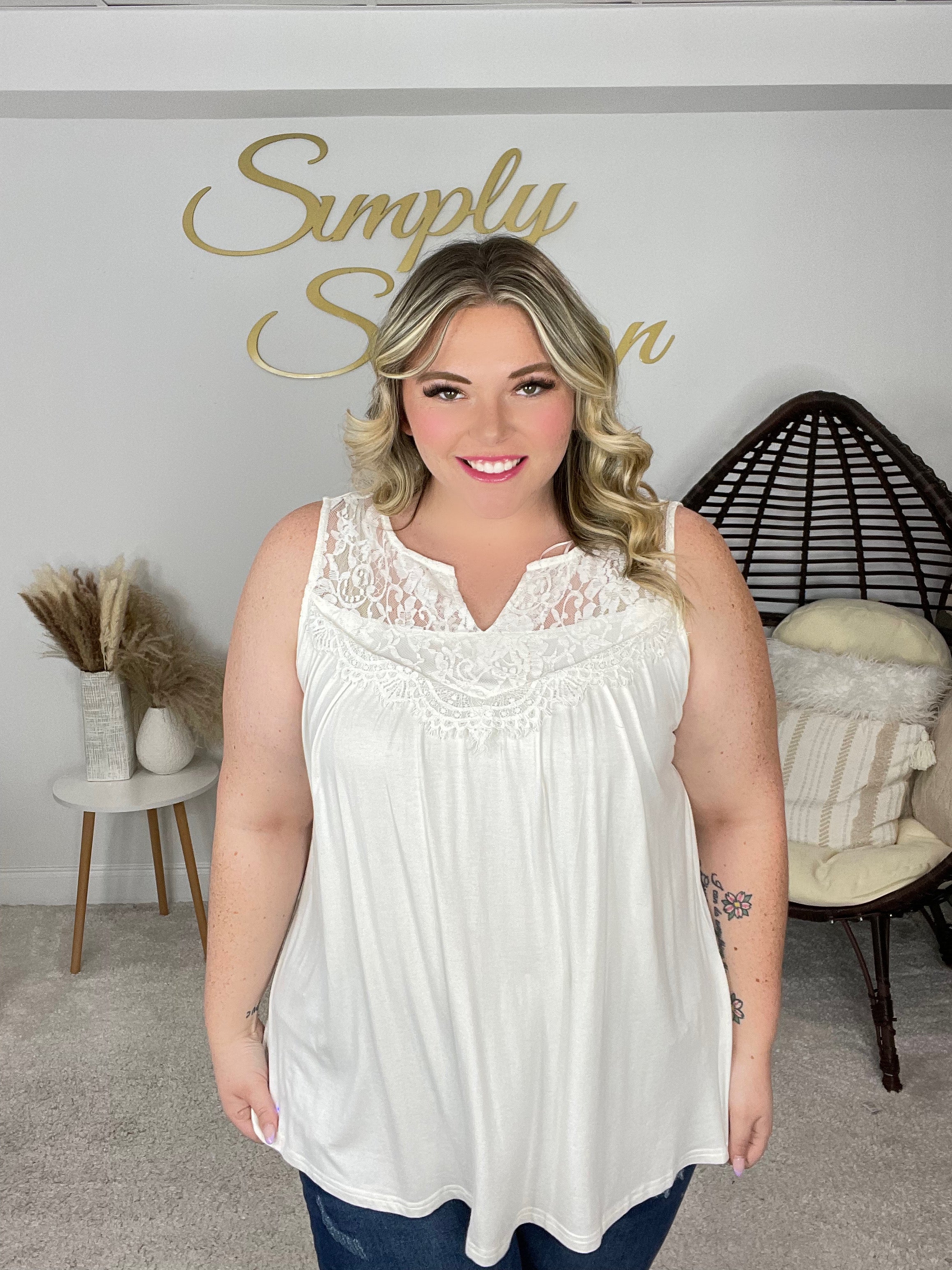 Ivory Sleeveless V-Neck Top With Lace Detail-Shirts & Tops- Simply Simpson's Boutique is a Women's Online Fashion Boutique Located in Jupiter, Florida