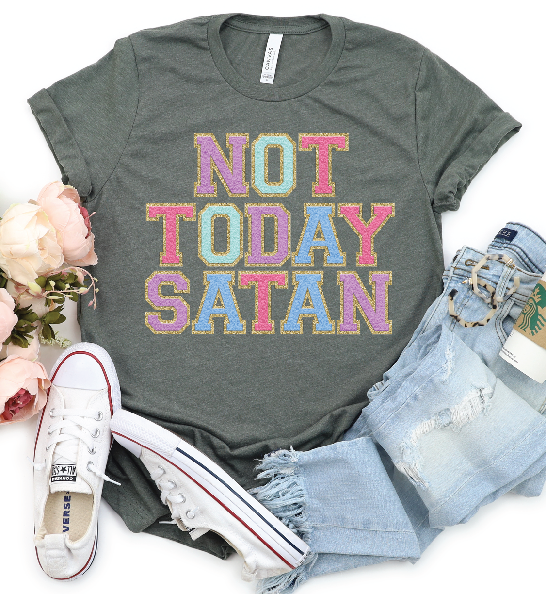 NOT TODAY SATAN Patch Letter (Printed)-Graphic Tee- Simply Simpson's Boutique is a Women's Online Fashion Boutique Located in Jupiter, Florida